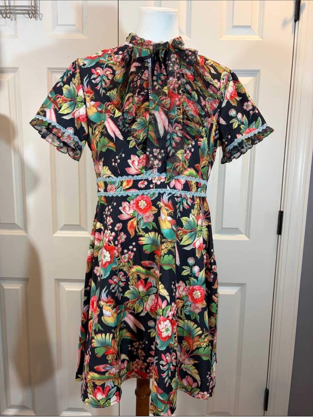 Floral Tie-Neck Mini Dress in Black and Pink
